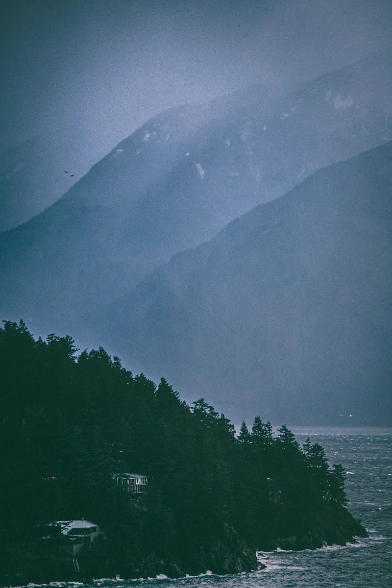 Misty mountain and sea
